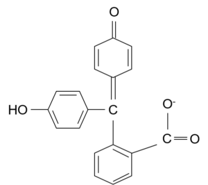 フェノールフタレイン：環が開いた有色側の構造図（共役が伸びる形）