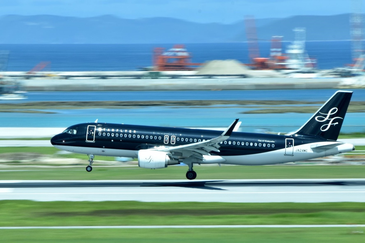 海を背景に黒い機体の飛行機が滑走路を走る写真